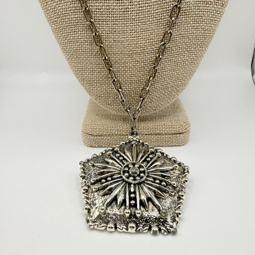 Vintage BSK Silver/Gold Tone 22" Chain Necklace w/ Medallion Mirror Pendant